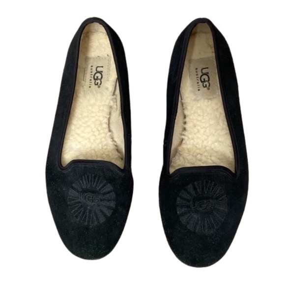 UGG AUSTRALIA Alloway 1001632 Black Suede Sheepskin Slippers Flats sz 5.5 - EUC - Picture 3 of 9